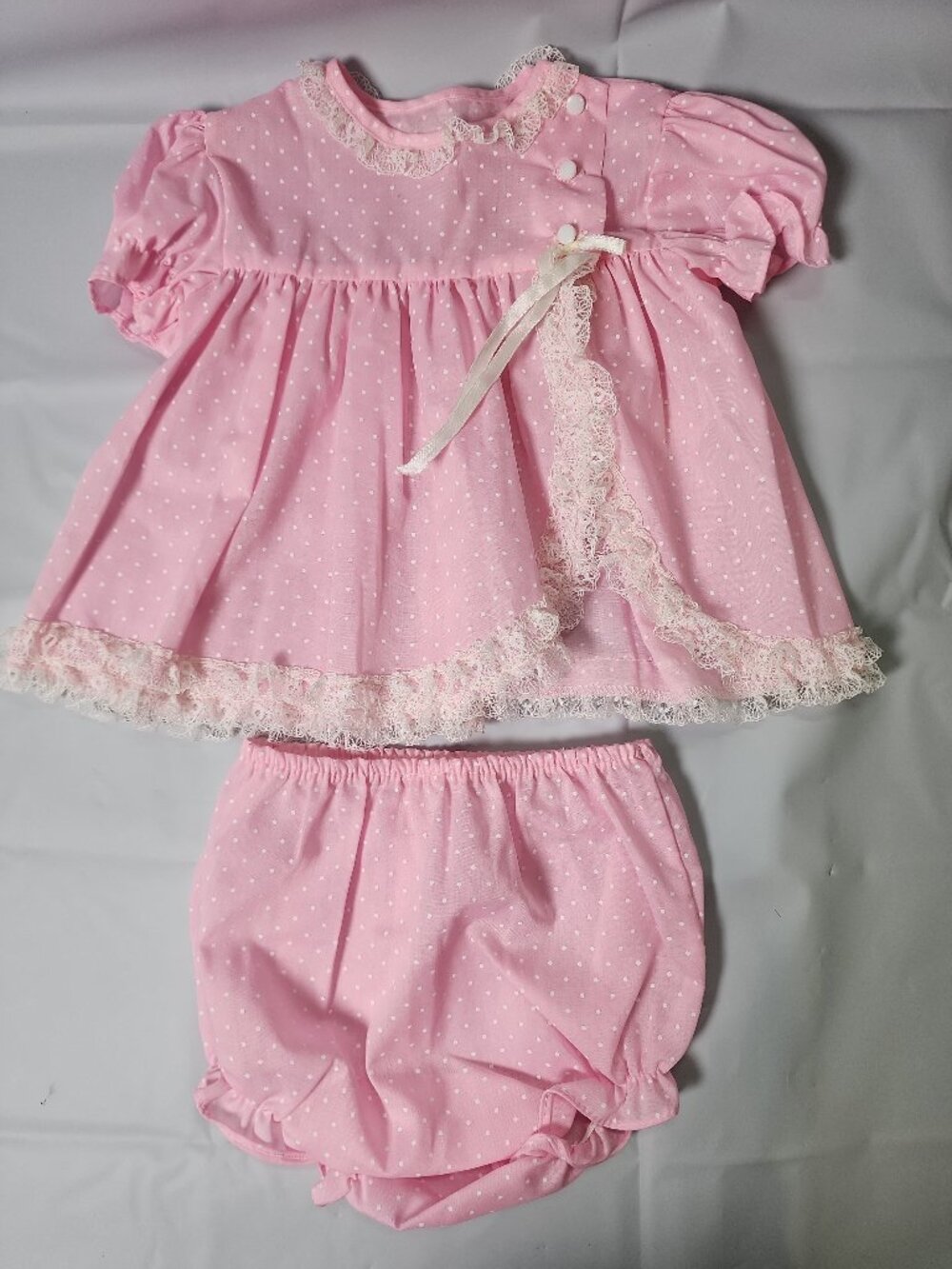 Vintage Cutest One Pink Polka Dot Baby Dress & Bloomers Set Lace Trim L 18 Month